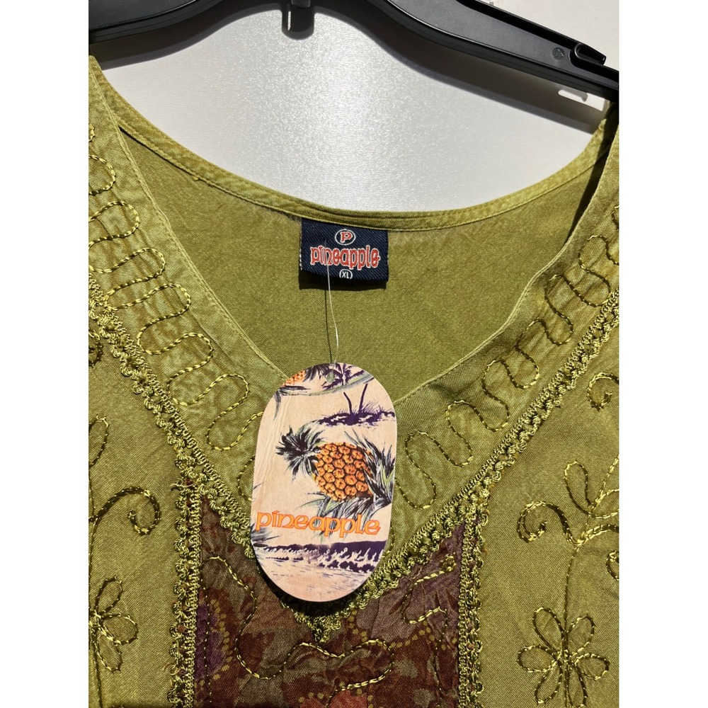 Pineapple Olive Green Floral Patchwork Gold Embroidered V-Neck Midi Dress XL NWT - Picture 5 of 10